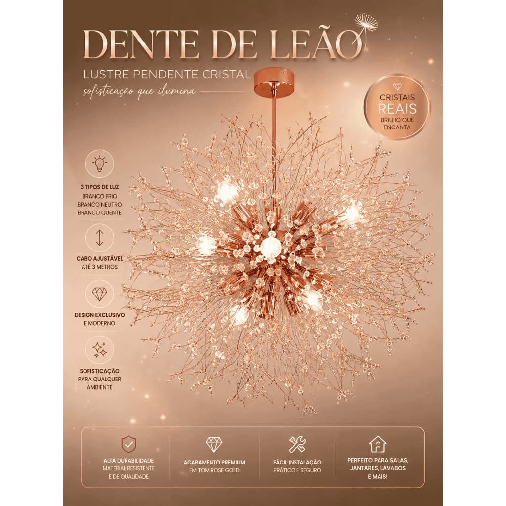 LUSTRE DENTE DE LEÃO ROSE GOLD 60CM CÓD:9201/60