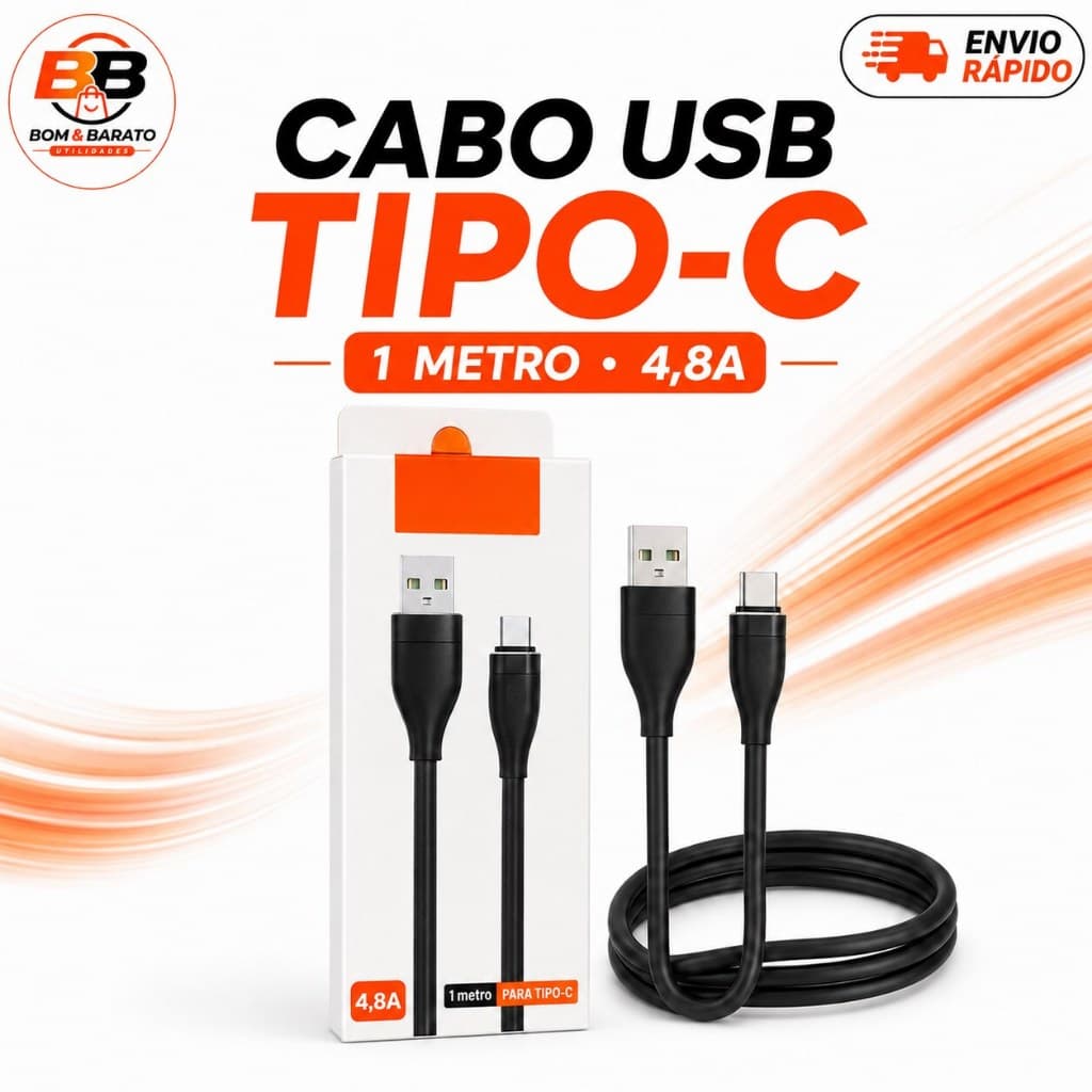 Cabo USB Tipo C 1 Metro 4.8A Carregamento Rápido e Transferência de Dados