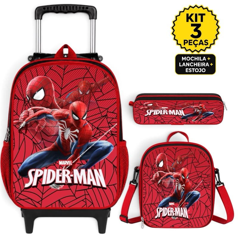 Mochila infantil escolar de Rodinha + Lancheira Termica e estojo Homen Aranha