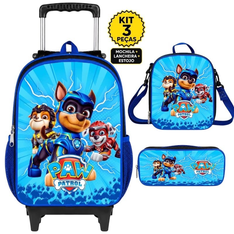 Kit Mochila Patrulha Canina Rodinhas + Lancheira Térmica + Estojo