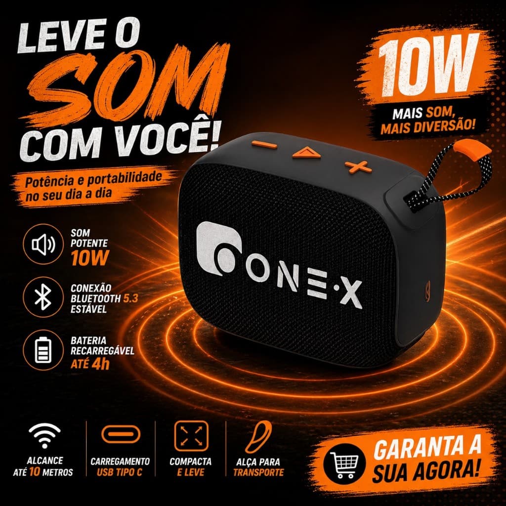 Caixa de Som Bluetooth 10W Portátil Alça Sem Fio Recarregável Bivolt USB-C SOM-0327 Alta Potência