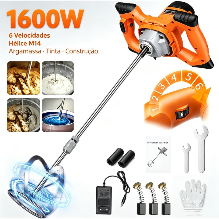 AITOOLZO Misturador Elétrico 1600W 6 Velocidades Hélice M14 Para Argamassa Tinta Construção