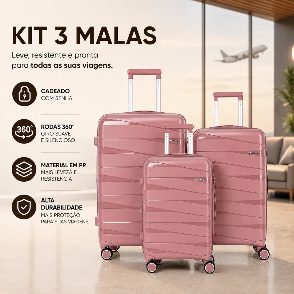 Kit 3 Malas Viagem PP | P M G 10kg 23kg 32kg Rodas 360° Cadeado Leve Resistente