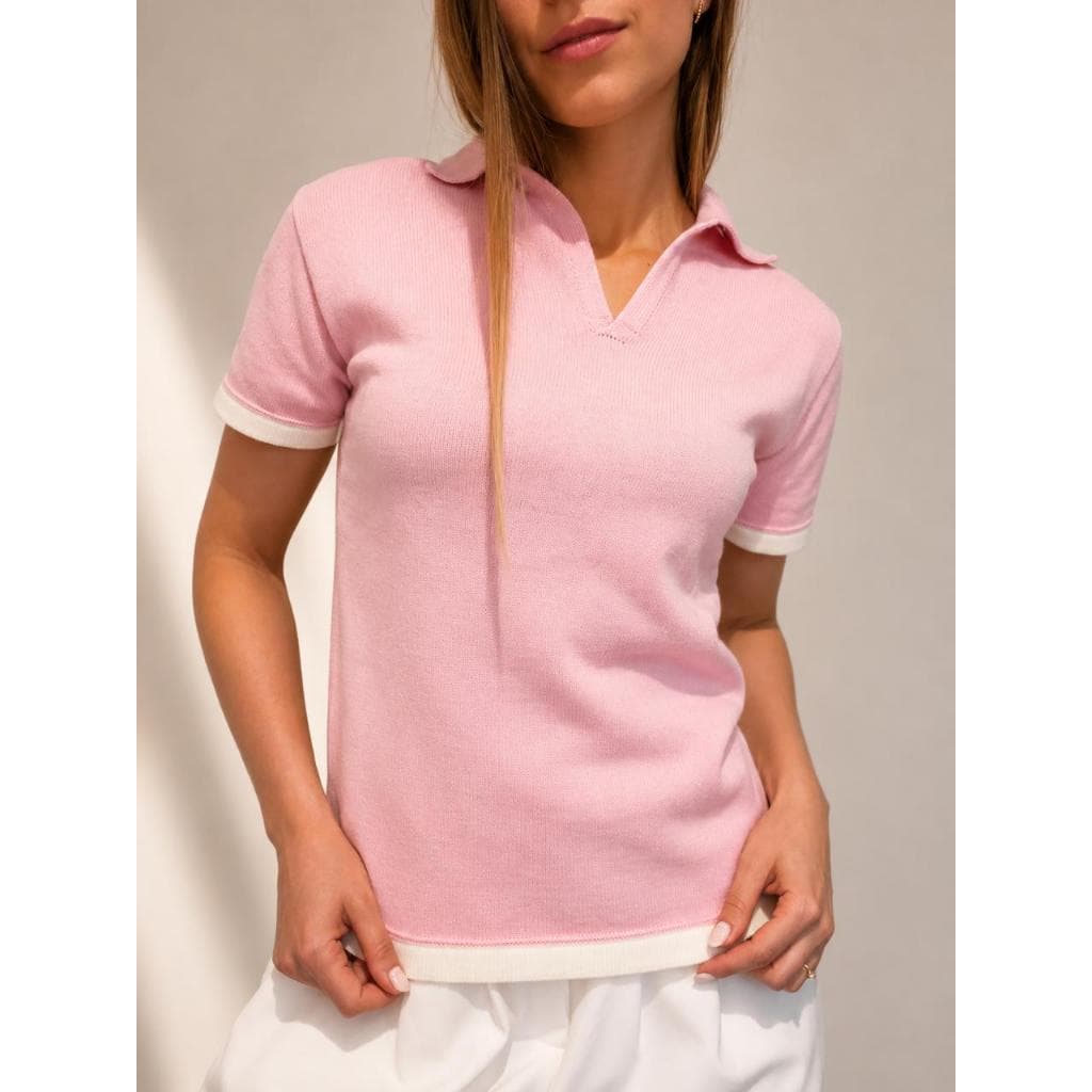 Camiseta Trico Modal Polo Barra Detalhada Meia Malha Tricô Verão Moda Feminina
