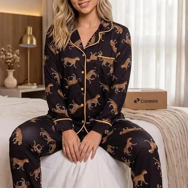 PIJAMA LEOPARTO BOTÃO MANGA LONGA