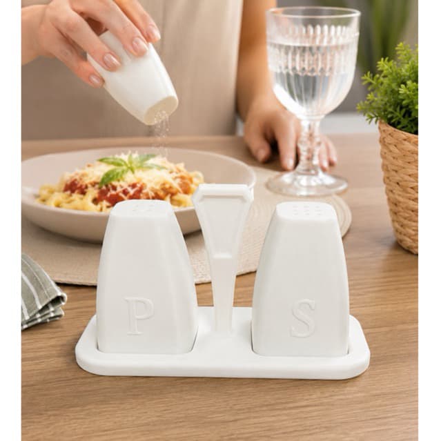 Kit Cozinha Porta Temperos Sal e Pimenta Com Suporte 3 Peças