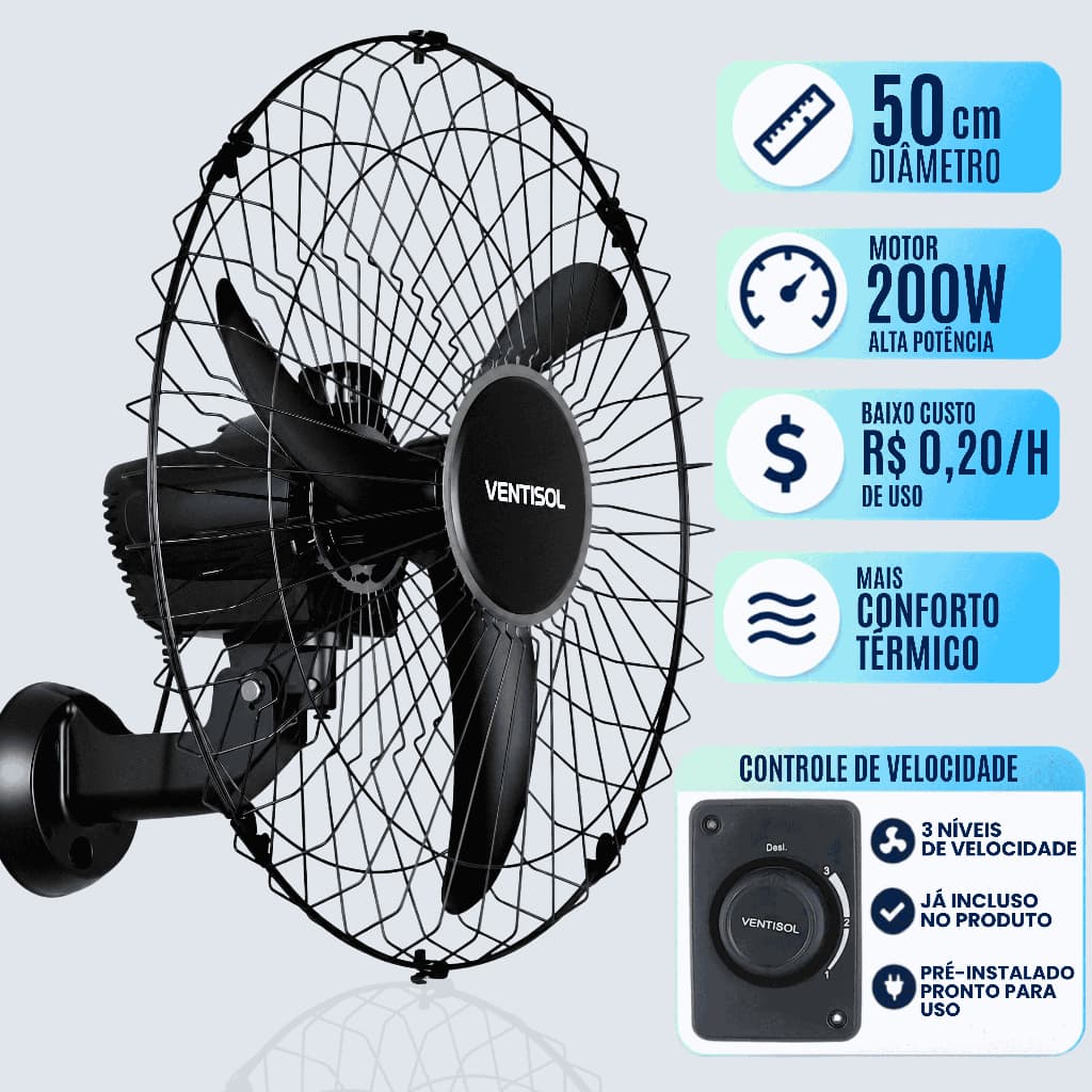 Ventilador Oscilante de Parede 50cm 3 Pás Preto Ventisol Bivolt 200w Grade Aço Industrial Silencioso