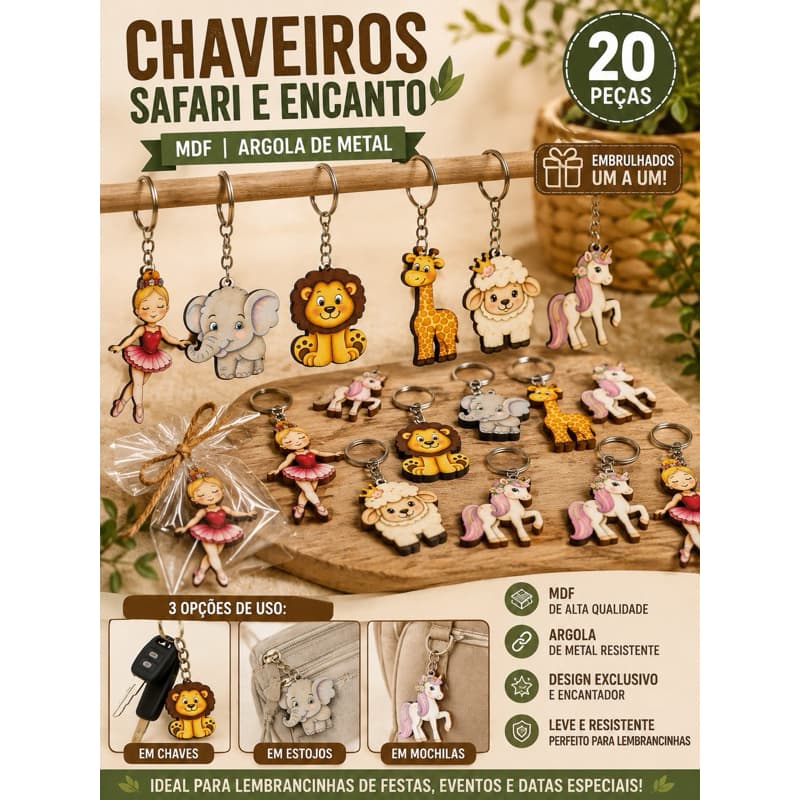 Kit 20 Chaveiros Safari MDF Lembrancinha Infantil com Argola de Metal