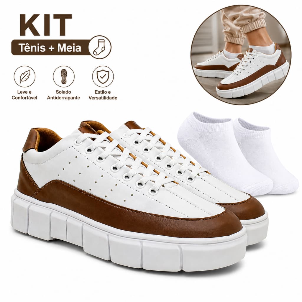 Tênis Masculino Casual Sneaker em Sintético Sola Tratorada Oversized Premium + Meia