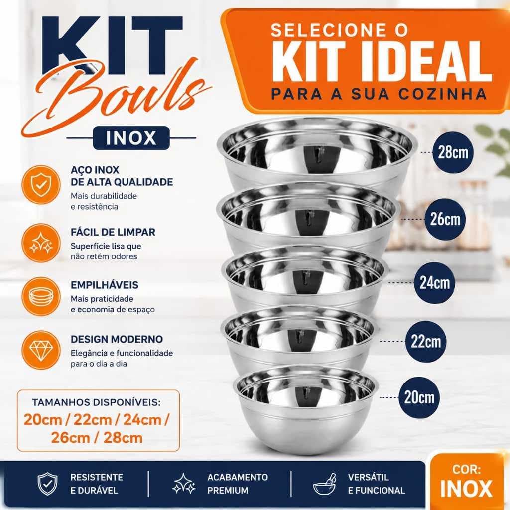Kit Bowls Inox Empilháveis Pote Tigela Multiuso Bacia Conjunto Cozinha Profissional Aço Salada🥣