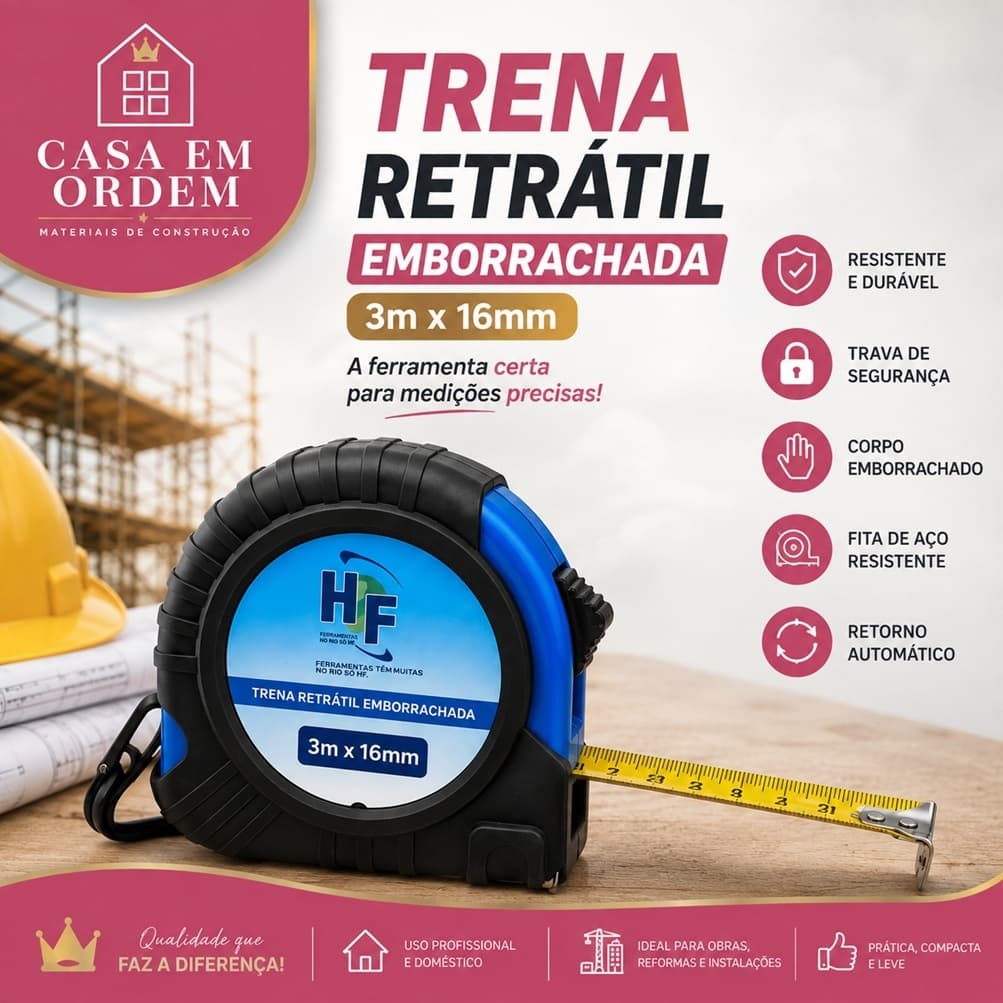 Trena Retrátil Emborrachada HF 3m x 16mm com Trava | Fita Métrica de Aço Profissional Resistente para Obras e Reformas
