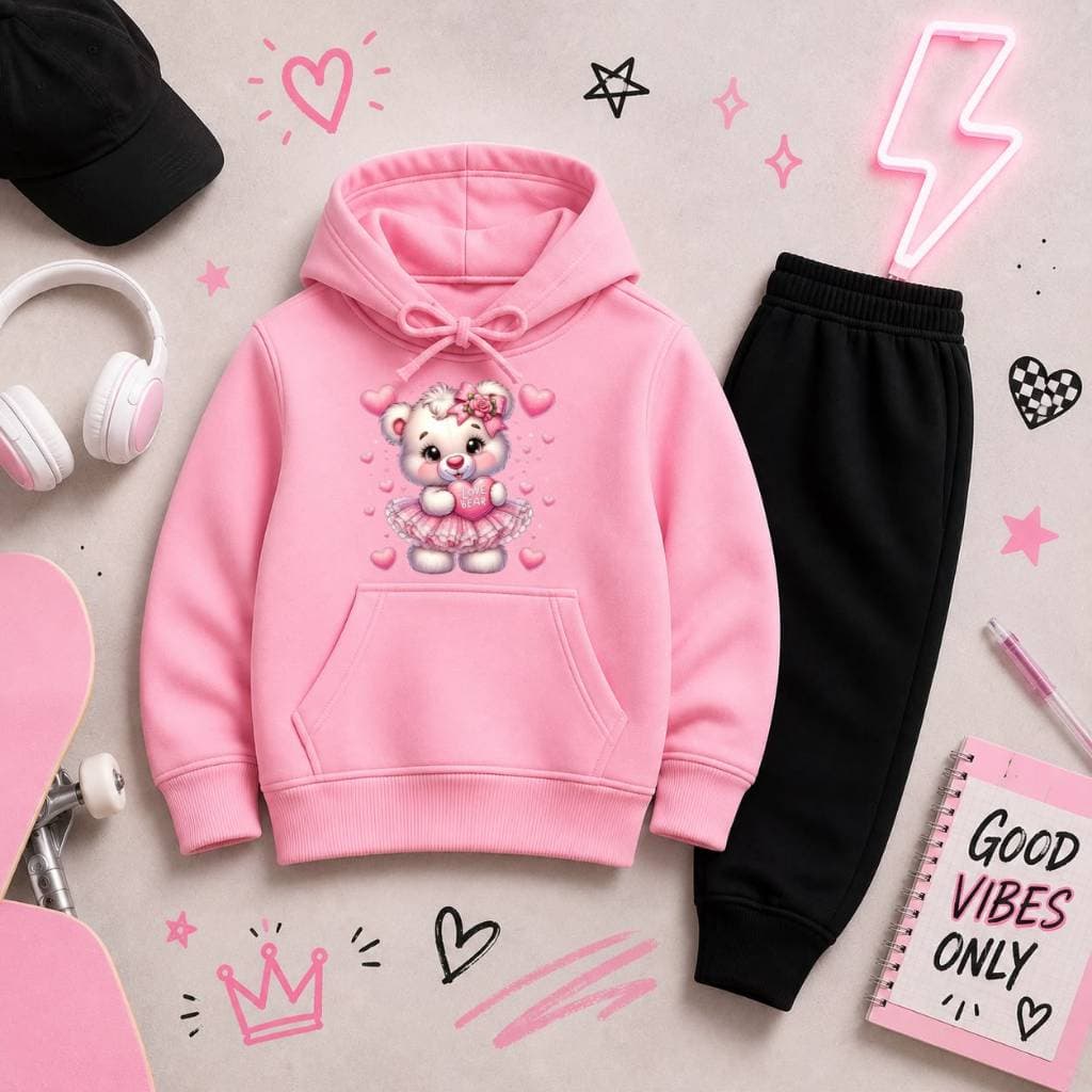 Conjunto Infantil Moletom Canguru Premium Casaco com Capuz e Calça Quentinha Estampa Ursinha Fofa e Vários Corações