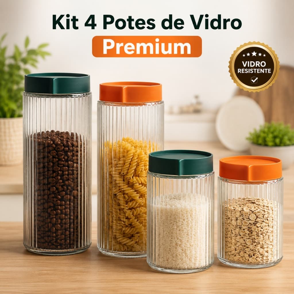 Kit 4 Potes de Vidro com Tampa para Mantimentos 2x 1L + 2x 500ml Organizador de Cozinha Transparente
