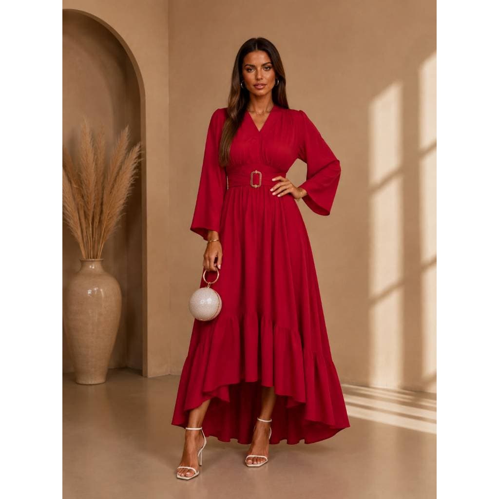 Vestido Sheila Longo Feminino em Malha Fluity Vermelho com Manga Longa e Saia Mullet