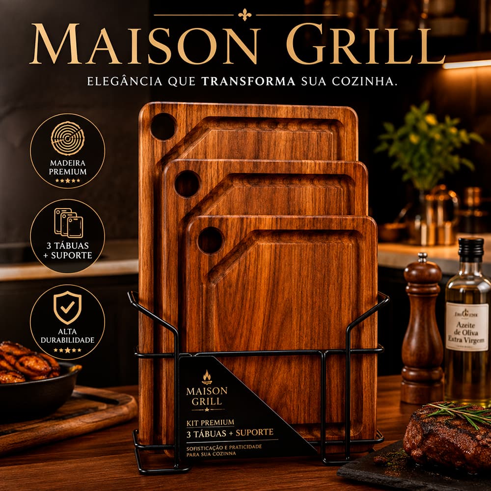 Kit 3 Tábuas de Churrasco em Madeira com Suporte de Aço | Tábua para Carne, Legumes e Cozinha Premium Maison Grill