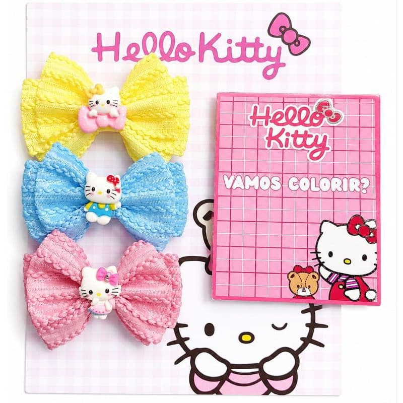 Kit Laços Hello Kitty Infantil menina 3 Presilhas de Cabelo + mini livro de Colorir