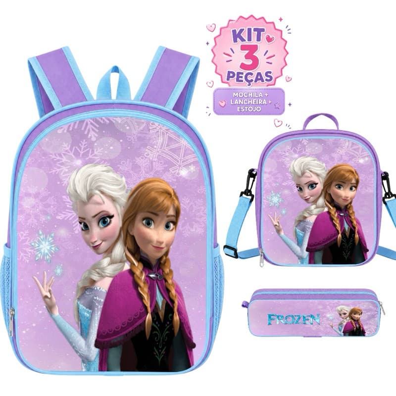 Kit Escolar Frozen Mochila Forro Interno Lancheira Térmica + Estojo - Resistente
