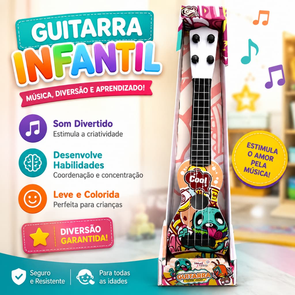 Brinquedo Musical Guitarra Infantil Instrumento Som Educativo Ukulele Colorido Rock Luz Crianças