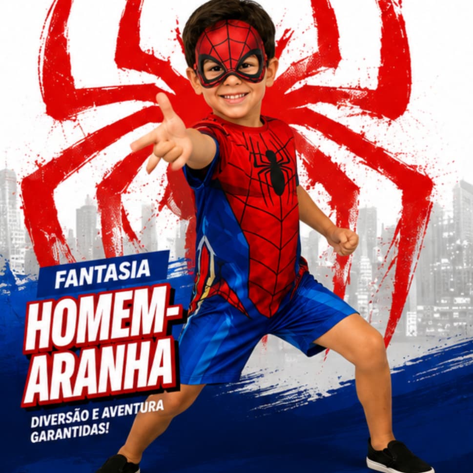 Fantasia Homem-Aranha Infantil Macacão Sublimado Com Máscara Feltro E Frisbee Menino