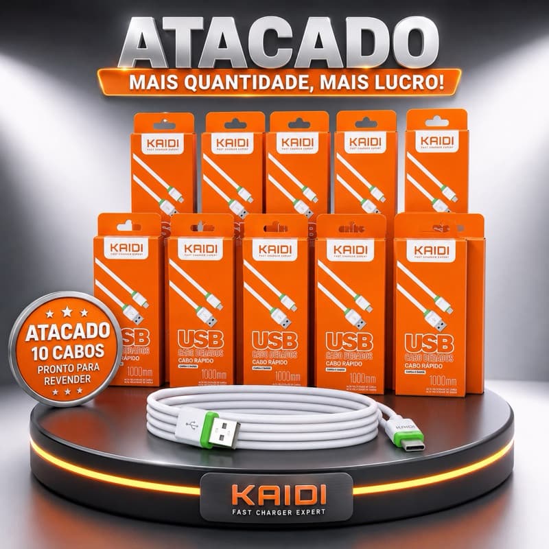 Kit Lojista 10 Cabos USB Tipo C Android Original Kaidi Reforçado Carregamento Rápido Atacado Preço de Lojista