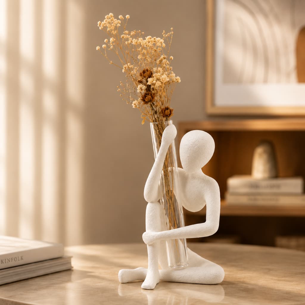 Escultura Decorativa Design Sentado com Vaso Tubo de Vidro Para Flor, Planta, Sala e Mesa – Estilo Minimalista Moderno