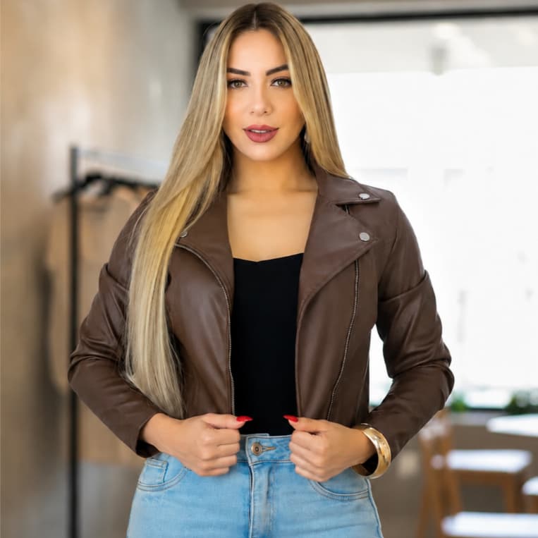 Jaqueta Feminina Preta Couro com Zíper Mila