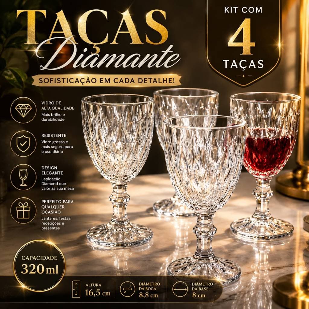 Jogo com 4 Taças de Vidro Diamond 320ml Cristal Elegante Taças para Vinho Whisky Água e Drinks