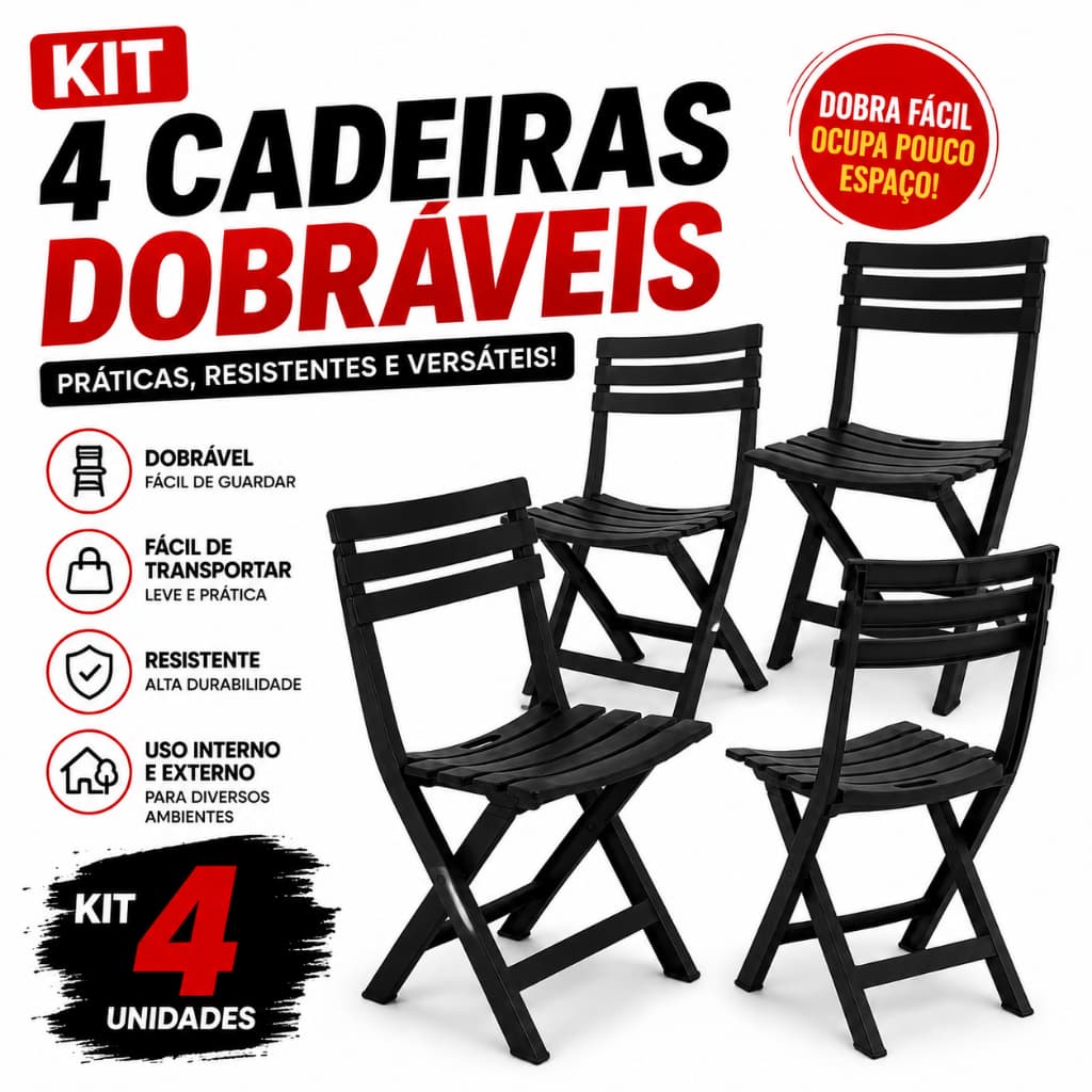 Kit 4 Cadeiras Dobráveis Pretas Multiuso Resistente Compacta Área Gourmet Jardim Varanda Churrasco Camping Eventos