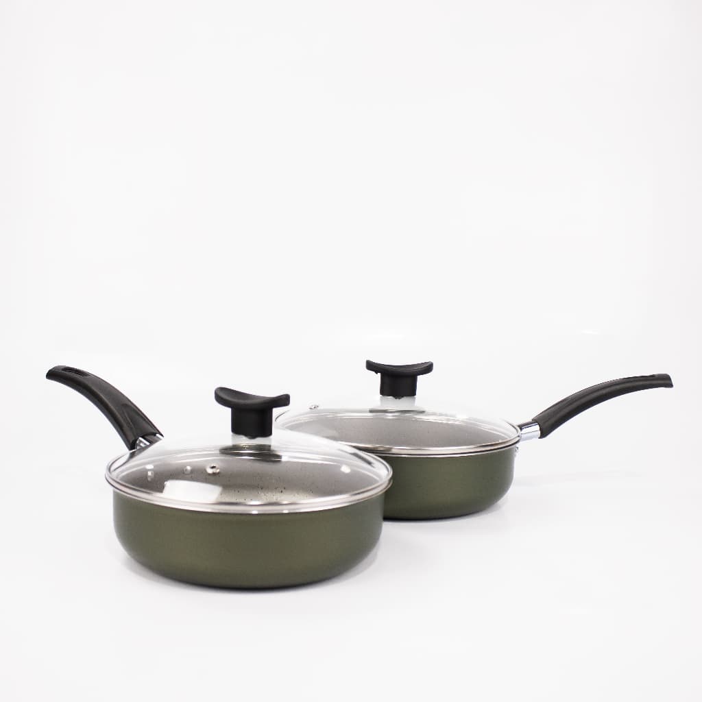 Kit 2 Frigideiras Antiaderentes Com Tampa de Vidro Tamanho 18 e 20cm 5 Camadas de Teflon Cinza e Verde