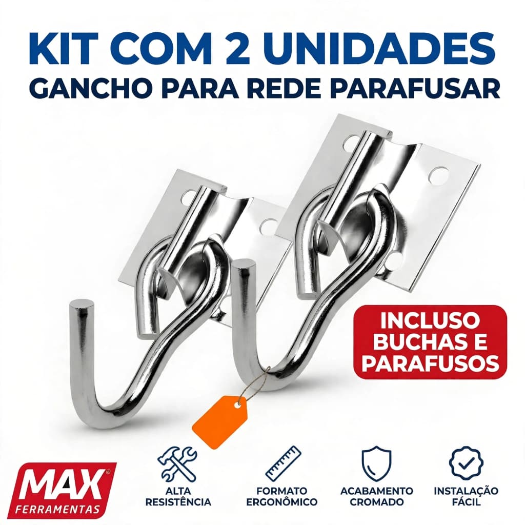 Kit 2 Ganchos para Rede de Parafusar MAX com Buchas e Parafusos Suporte Aço Reforçado