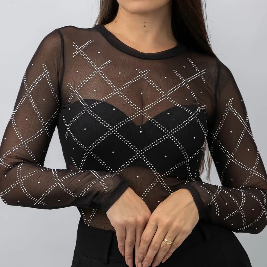 Body Tule Feminino com Aplicações de Strass Pedrarias E Body Liso
