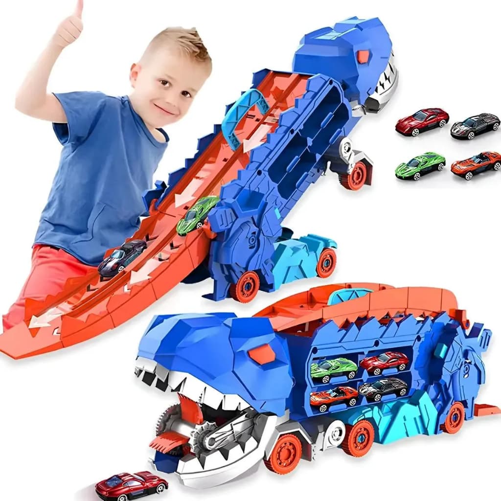 Caminhão Dinossauro Pista Com Carrinhos Maleta Transporte Devorador 3 Em 1 Brinquedo Corrida