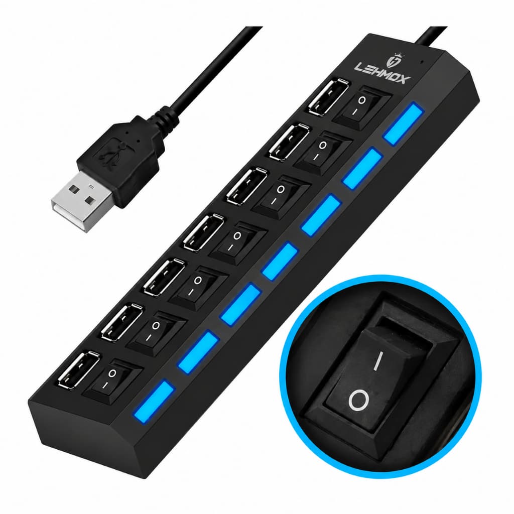 Hub USB com 7 Entradas USB 2.0 com LED e  Botão Liga/Desliga de Alta Velocidade