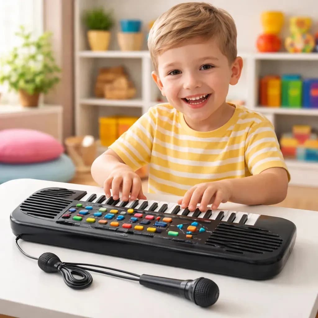 Piano Musical Infantil com Microfone Cabo USB Sons Ritmos e Músicas 37 teclas Educativo Braskit