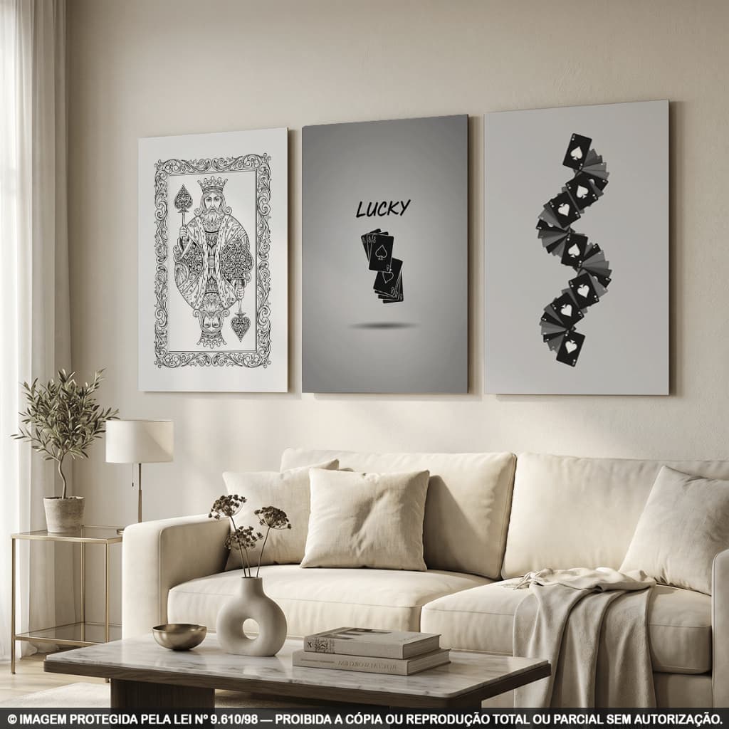 Kit 3 Quadros Decorativos Lucky com Rei e Cartas de Baralho Preto e Branco