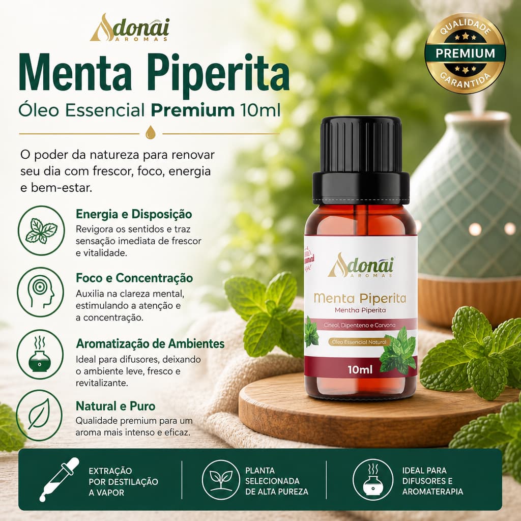 Óleo Essencial Menta Piperita 10ml Puro Aromaterapia Relaxamento Difusor Massagem Adonai Aromas