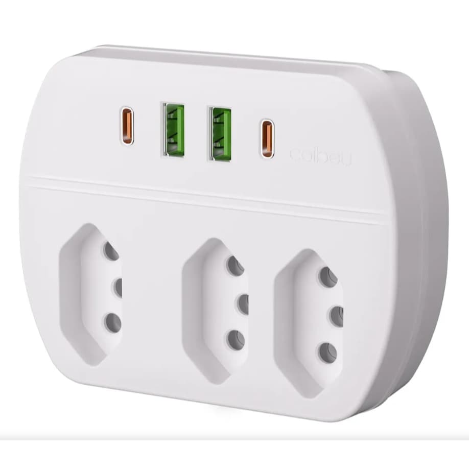 Adaptador de Tomada Múltipla 3 Saídas 2 USB 2 Tipo-C Carregador Rápido 2500W Bivolt