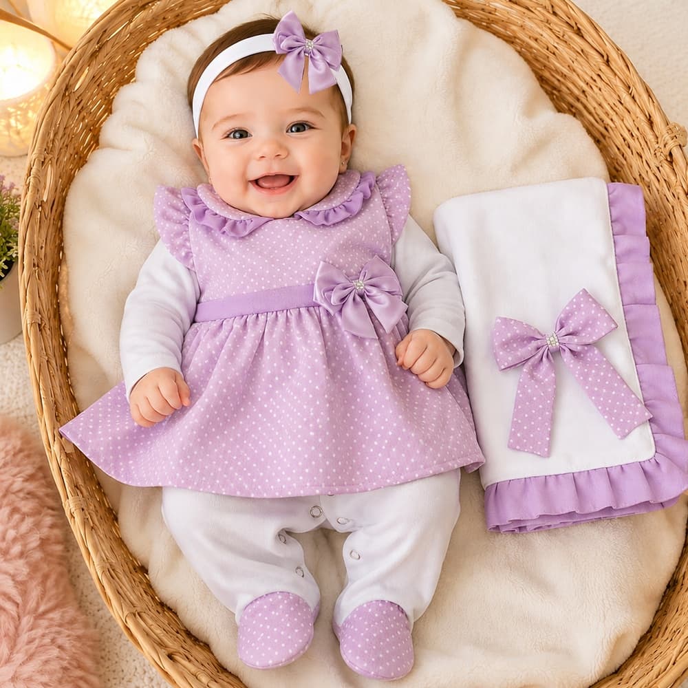 Saída de Maternidade Menina Aconchego Maya Poá Baby 05 Peças