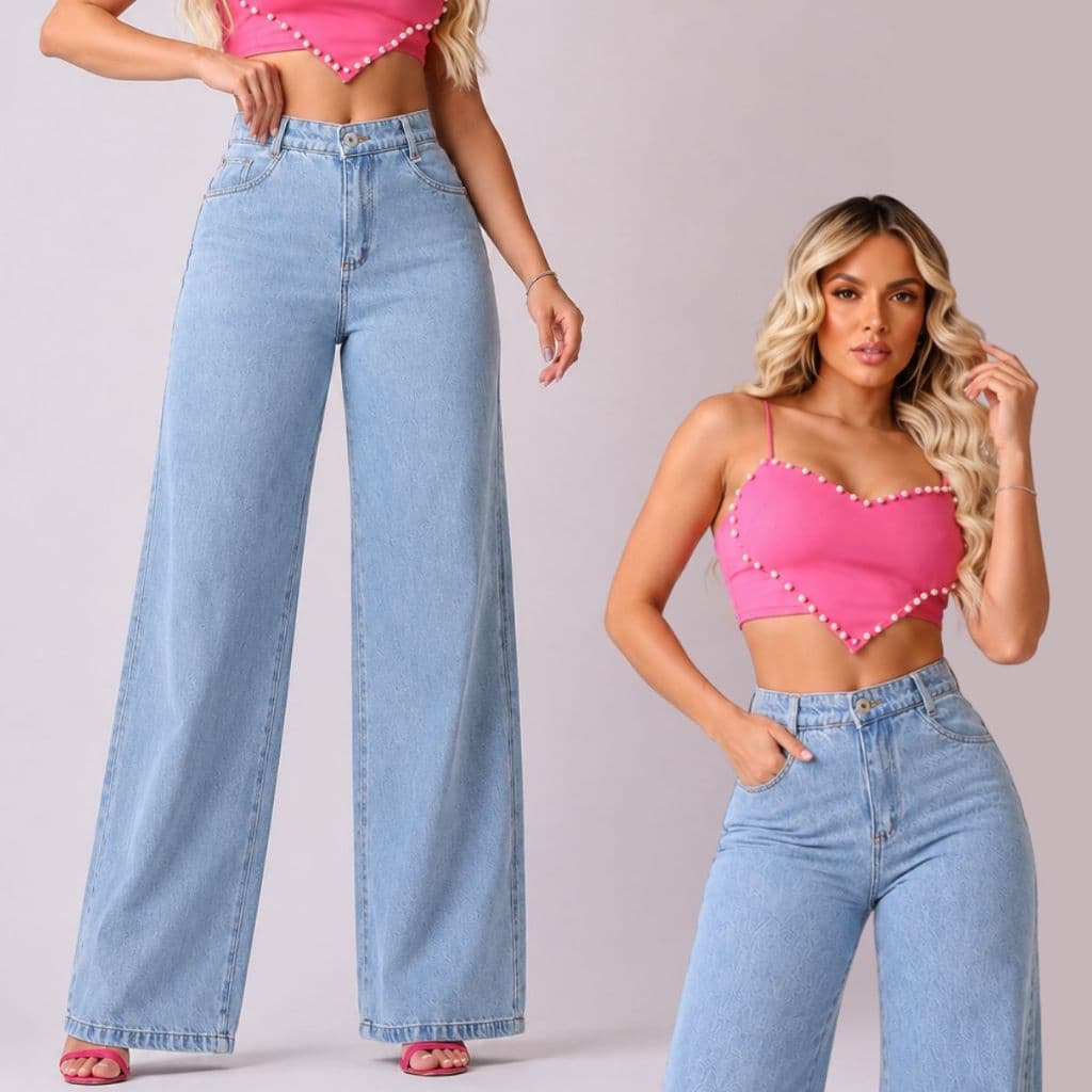 Calça Jeans Wide Leg Feminina Clara Marmorizada com Bolso Forrado