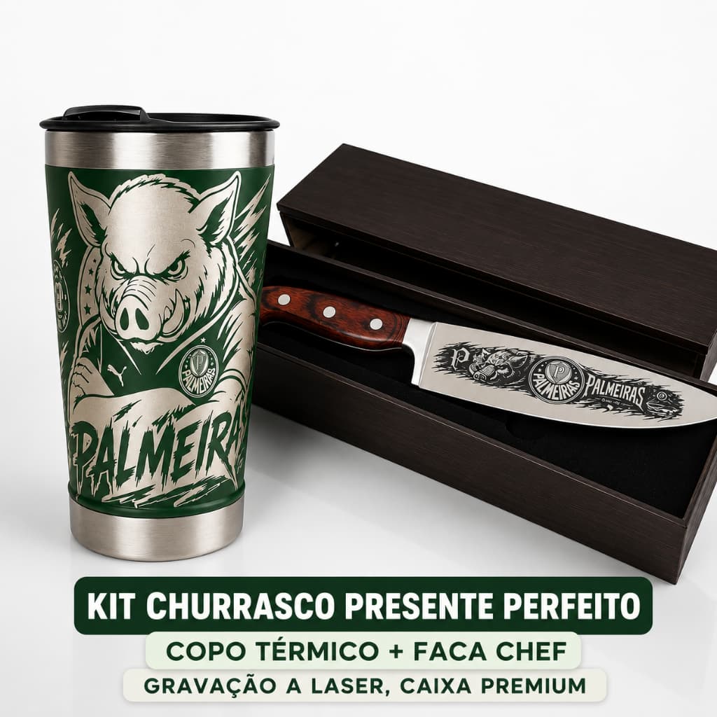 Kit Churrasco Palmeiras Copo Térmico 473ml + Faca Mor Gravados a Laser Presente Exclusivo
