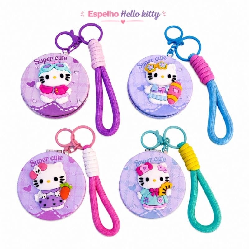 Espelho Hello Kitty Chaveiro Espelho Duplo com Alça de Mão Argola e Aplique 3D Fofo