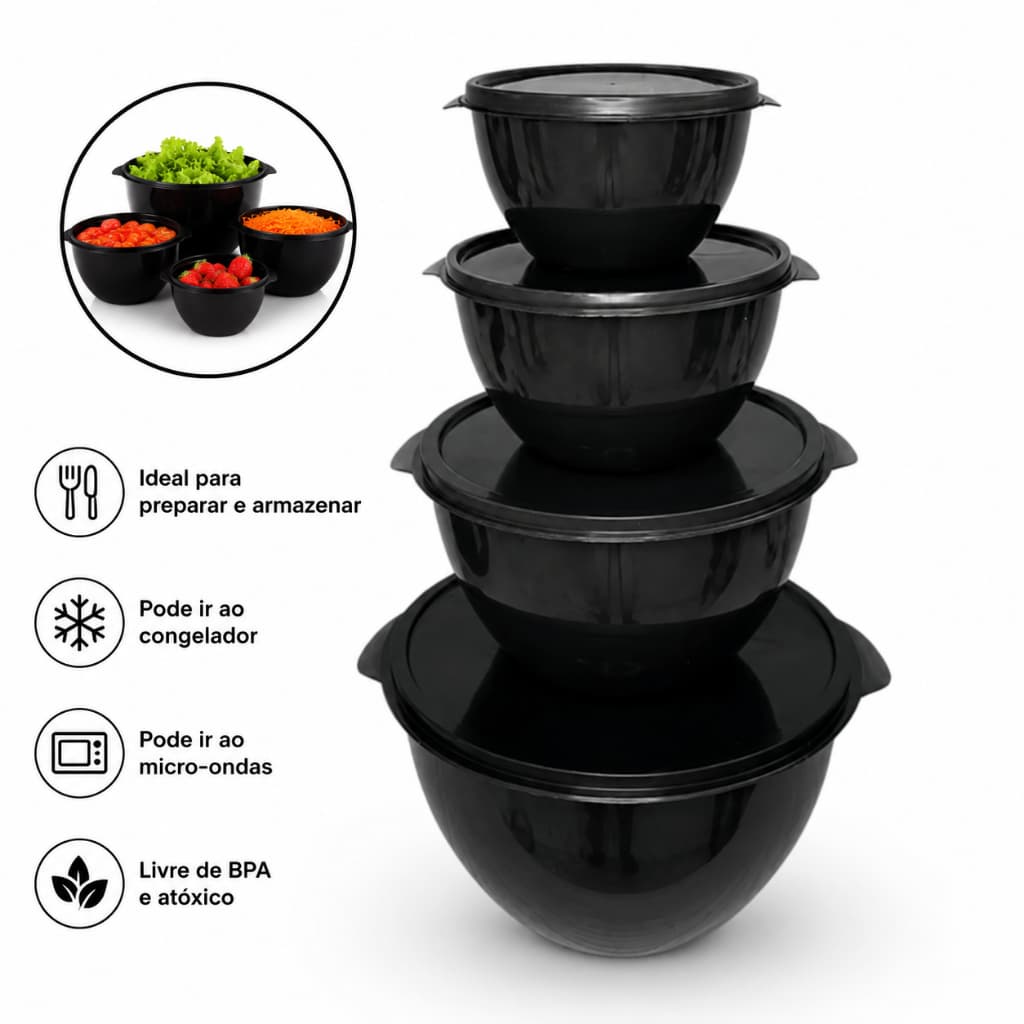 Kit Potes Bowl Plástico Com Tampa Marmita Cozinha Freezer Micro-ondas