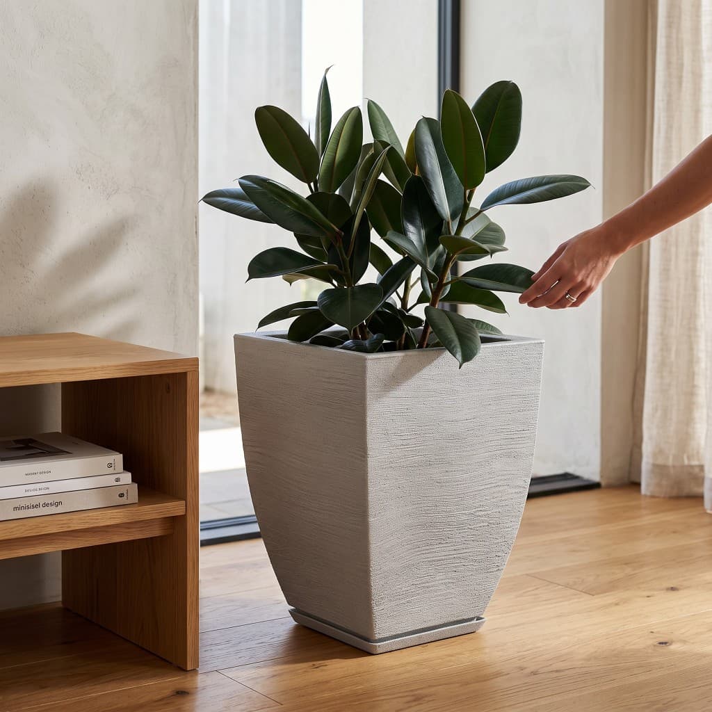 Vaso  Grande Para Plantas Decorativo de Polietileno Bojo Quadrado Escovado Com Prato N3