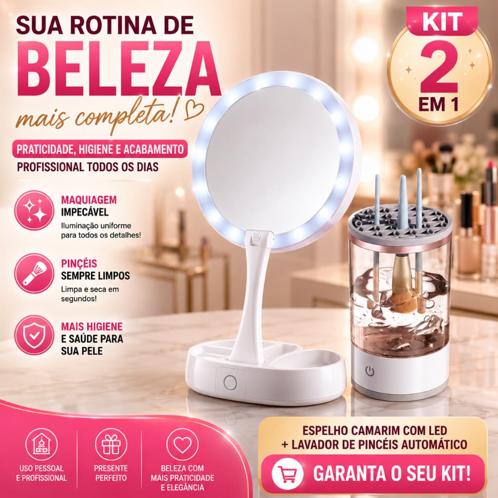 Kit Espelho de Maquiagem com LED + Lavador de Pincéis Automático para Maquiagem