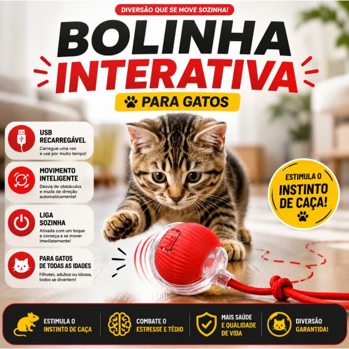 Bolinha Interativa para Gatos USB Recarregável com Movimento Inteligente