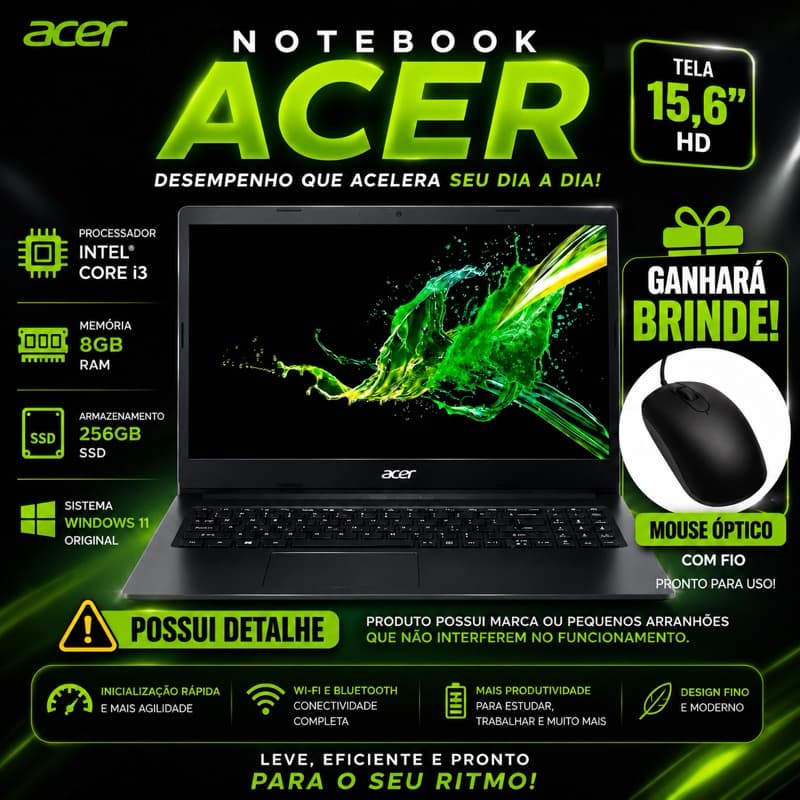 TEM DETALHE Notebook Acer A315-56-99UP Intel Core i3 8GB RAM 256GB SSD Windows 11 Notebook para Estudos