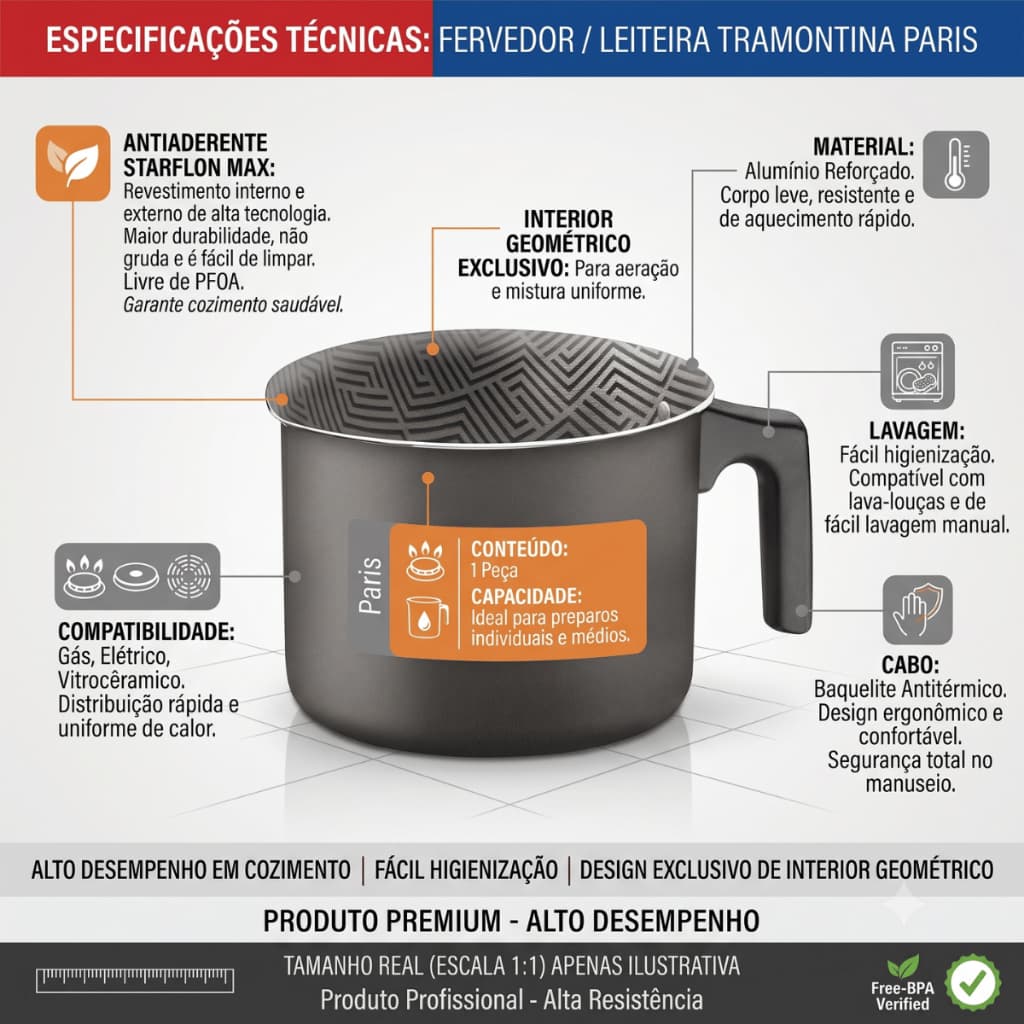 Fervedor / Leiteira Tramontina Paris 10 cm Antiaderente Starflon Max com Cabo Antitérmico