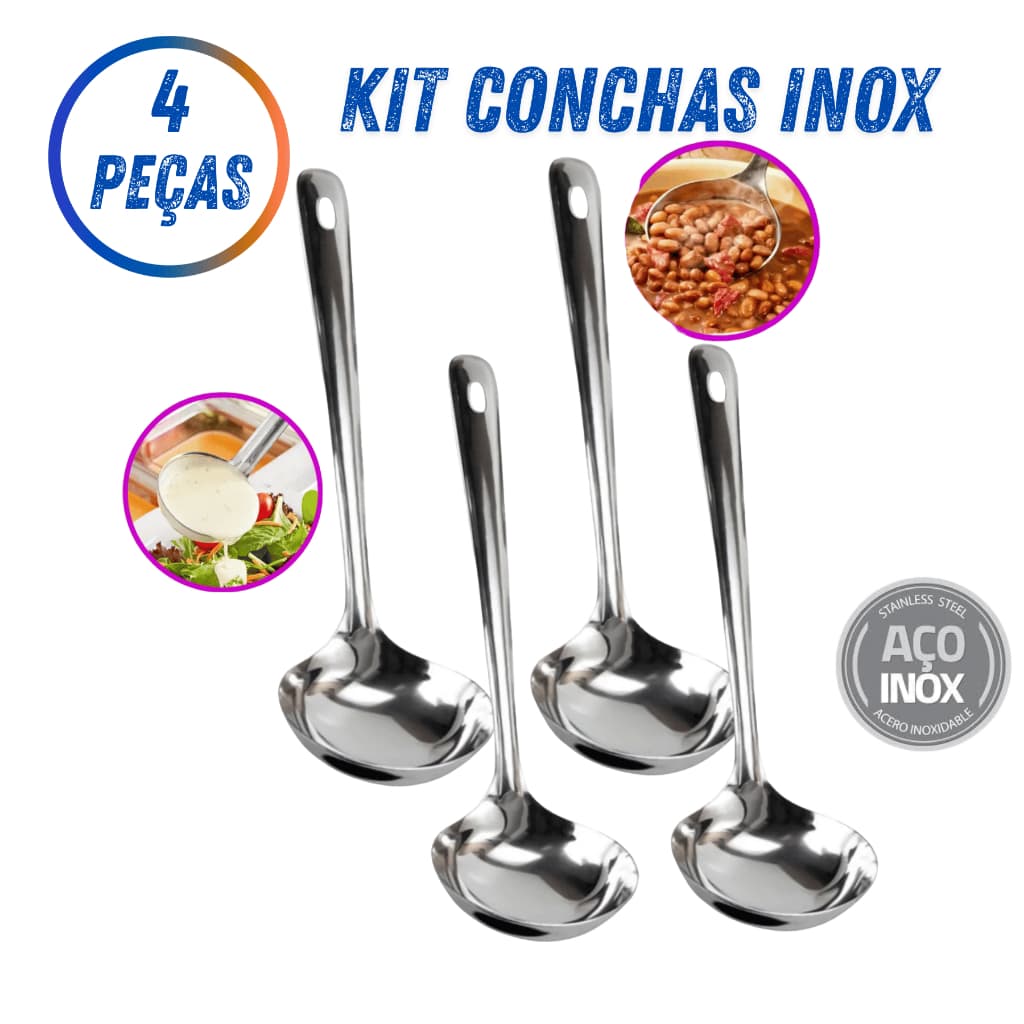 Kit Conchas Inox Premium 2 ou 4 Peças Concha Grande Servir Feijão Sopas Molhos Buffet Restaurante Cozinha Caldos  Buffet