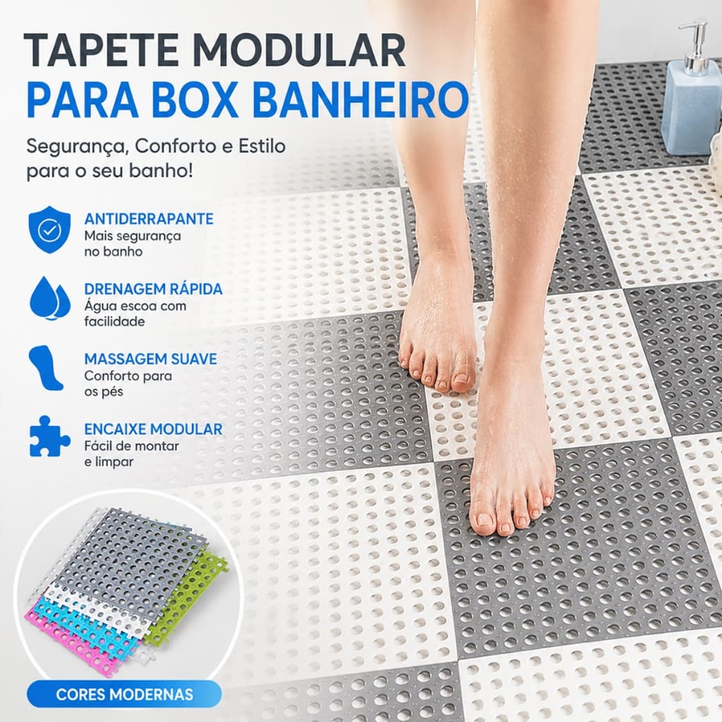 Banheiro, Chuveiro e Vestiarios Kit 6 Tapetes Modulares 30x30 Antiderrapante para Box,