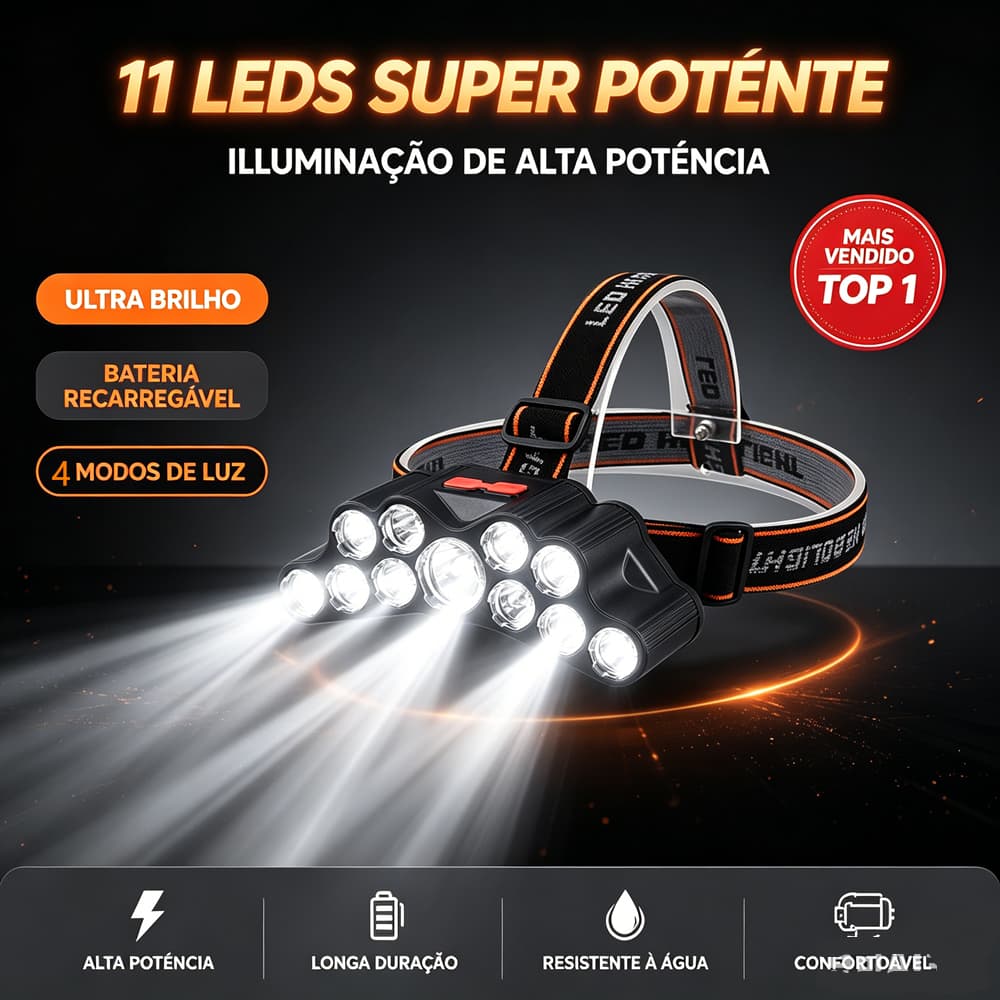 11 LEDS Super Potente Lanterna de Cabeça USB Recarregável 4 Modos De Luz Bateria longa duração